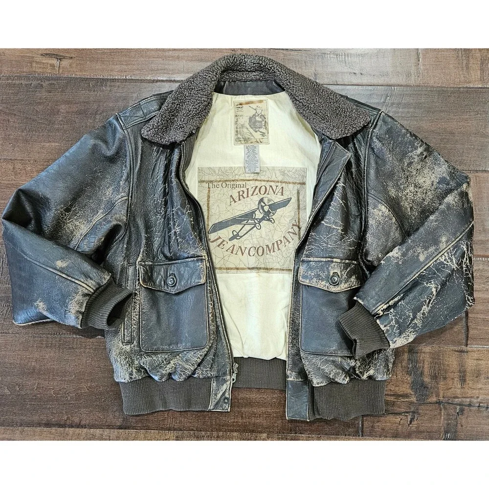 VTG Distressed Arizona Military XL Leather Bomber Flight Jacket Brown Sherpa